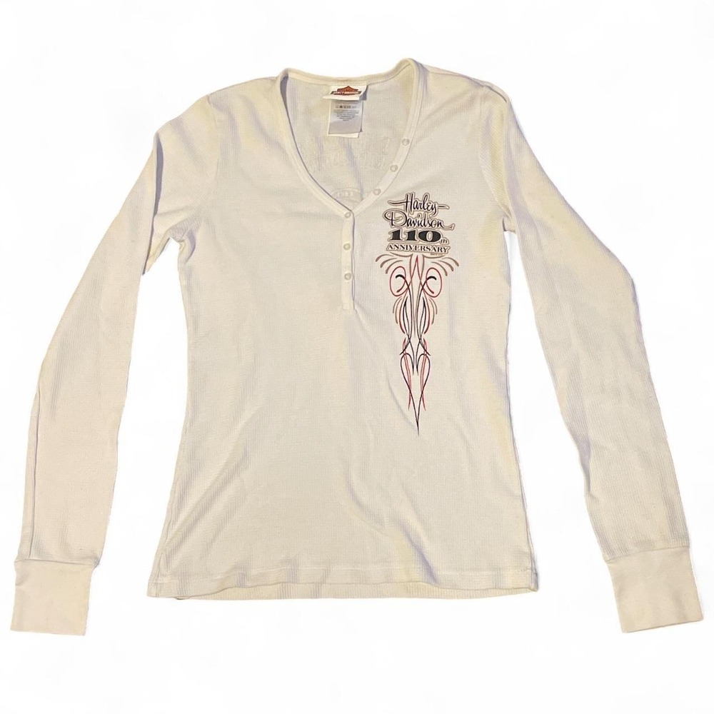 VTG 2013 White Harley Davidson v neck long thermal sleeve shirt with thumb holes